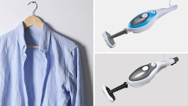 A long sleeve button up collared shirt on a hanger next to two clothing steamer attachments: PurSteam 10-in-1 Steam Mop and Steam & Go The Housekeeper 10-in-1 Steam Mop.
